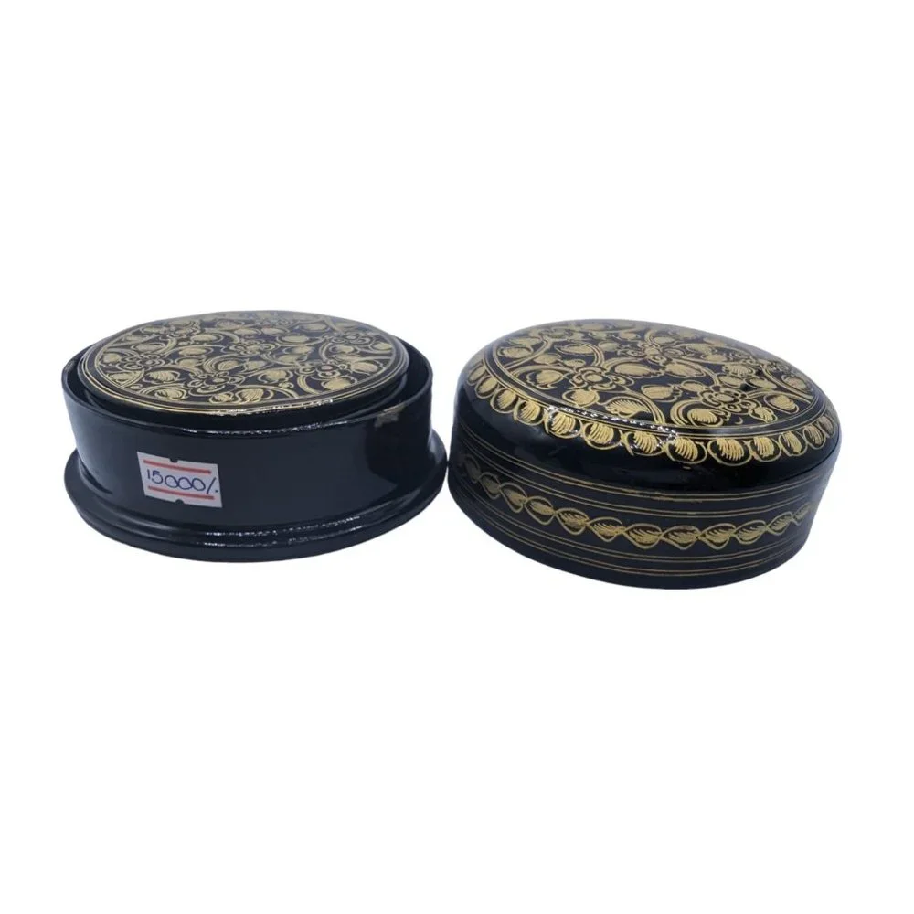 Vtg Kashmiri Hand Printed Lacquerware Box With 6 Coasters Black And Gold